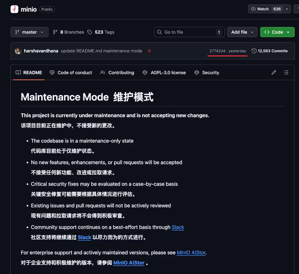 MinIO 宣布进入维护模式，不再接受任何新功能、改进或拉取请求｜附替代品列表 3
