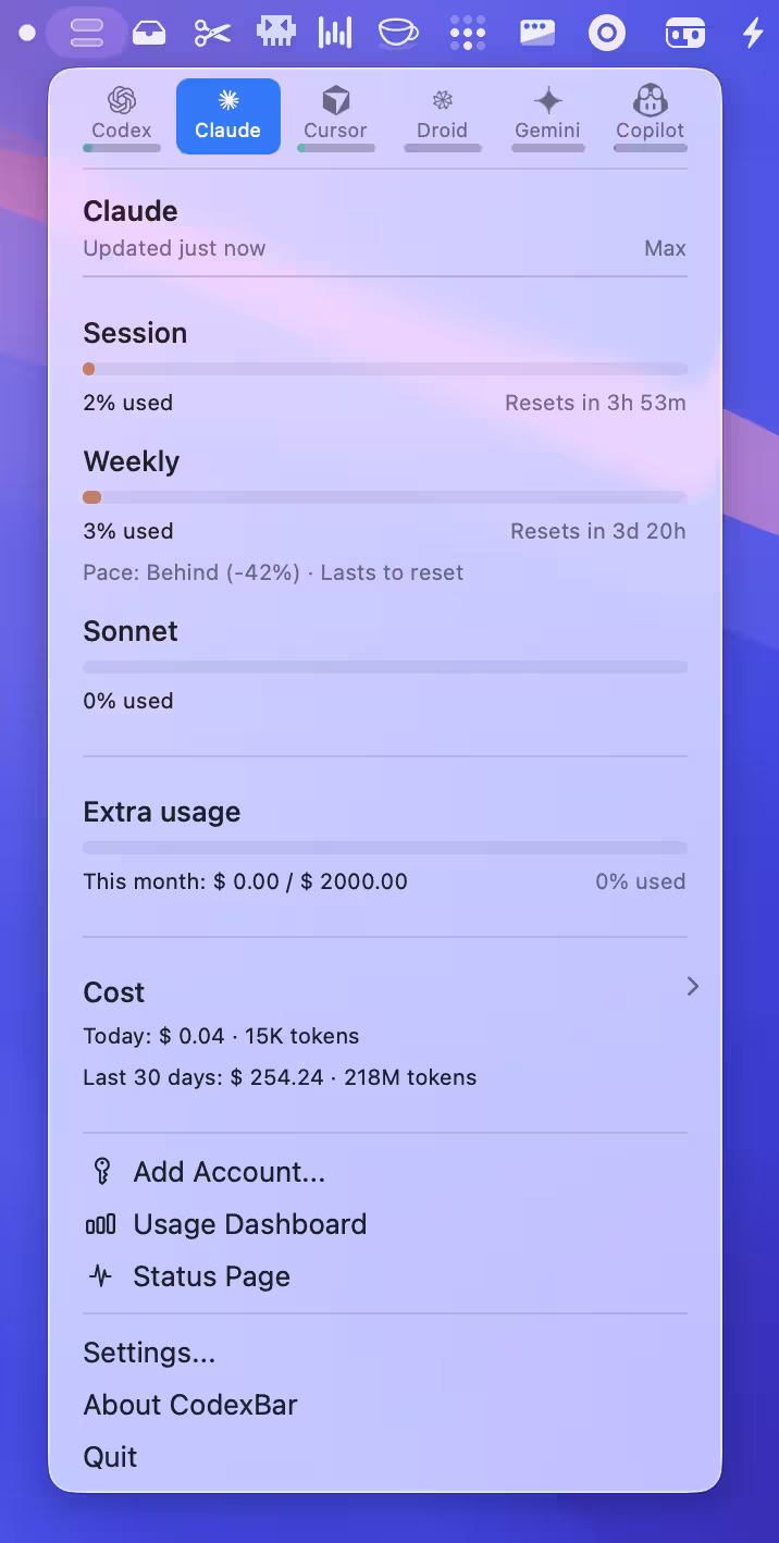 CodexBar - 愿你的 Token 永远用不完：实时显示大模型剩余额度[macOS/Linux] 2