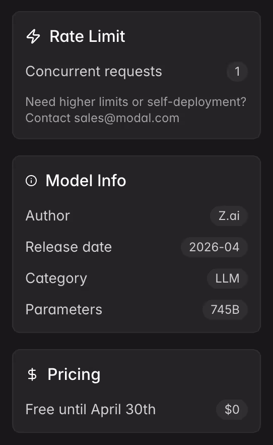 Modal 提供免费的 GLM-5.1 模型到月底，但限速 1 3