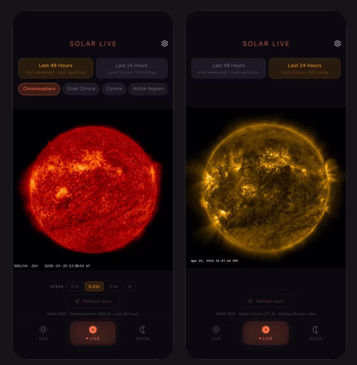 Lumara - 在手机上实时观看 NASA 的太阳、月亮直播 4