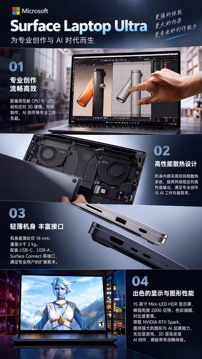 微软发布史上最强 Surface Laptop Ultra：NVIDIA RTX Spark 芯片，128GB 统一内存，比苹果快 6.2 倍？