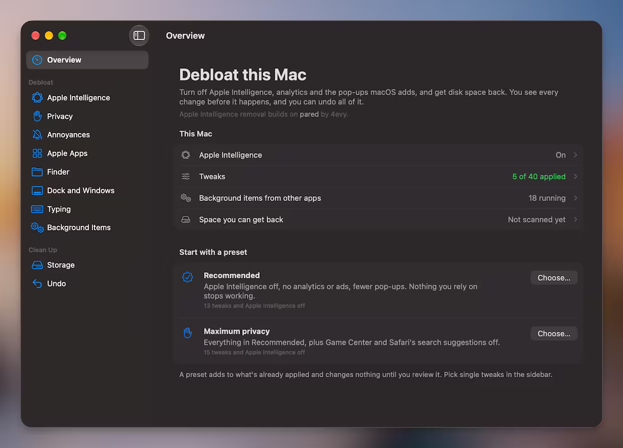 RemoveMacAI - 精简 macOS 27,关闭 Apple 智能,删除模型文件,释放 10+GB 磁盘空间 2