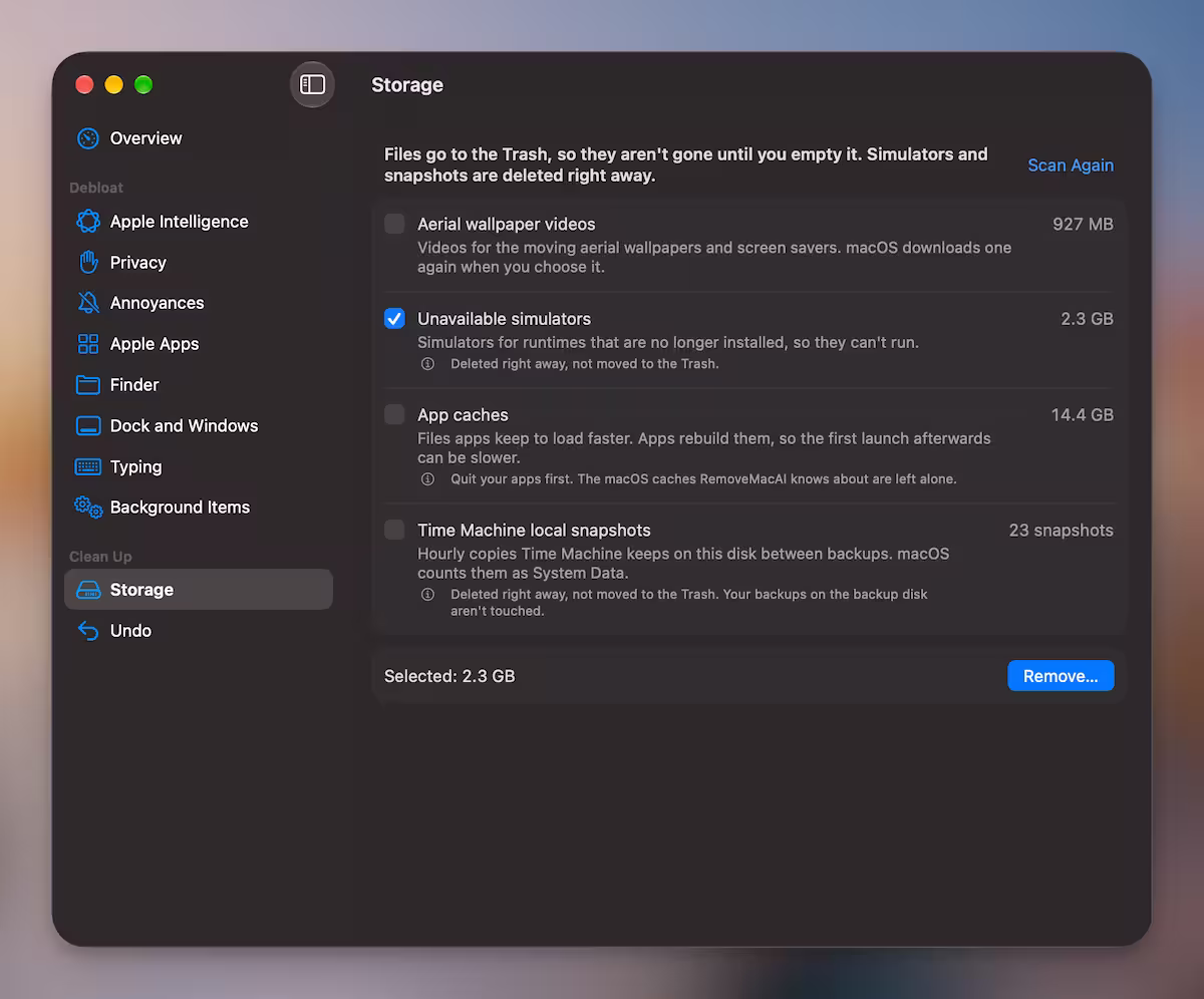 RemoveMacAI - 精简 macOS 27,关闭 Apple 智能,删除模型文件,释放 10+GB 磁盘空间 4